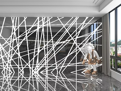 Modern Interior Background Wall with White Interlaced Lines Decorative Sculpture Gray Floor and Window View 3d model