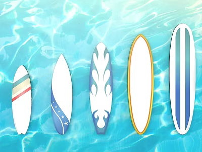 Five Colorful Surfboards With Different Designs Floating On Blue Water 3d model
