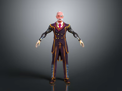 Animated Character Bald Head Bow Tie Purple Outfit Yellow Accents Mechanical Arms 3d model