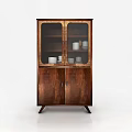 Wooden Sideboard with Glass Doors Displaying White Cups and Jars Cabinet Doors on Slim Legs