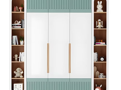 Modern Green And White Wardrobe With Double Doors Wooden Handles And Side Bookshelves 3d model