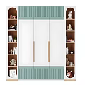 Modern Green And White Wardrobe With Double Doors Wooden Handles And Side Bookshelves