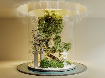 Indoor Miniature Garden with Transparent Glass Cover Green Trees White Lantern Stones and Circular Base 3d model