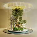 Indoor Miniature Garden with Transparent Glass Cover Green Trees White Lantern Stones and Circular Base