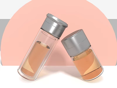 Transparent Glass Cups With Silver Lids And Light Brown Liquid In Pink Gray Background 3d model