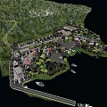 Scenic Island Landscape With Lush Green Forest Surrounding Buildings And Pier With Boats On Water