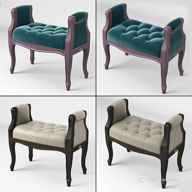 Teal And Cream Tufted Ottomans With Wooden Legs And Upholstered Seats 3d model 
