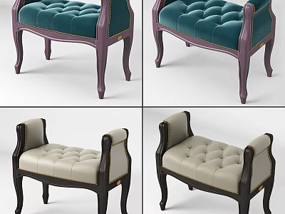 Teal And Cream Tufted Ottomans With Wooden Legs And Upholstered Seats 3d model