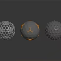 Different Textured Spheres With Holes Bumps Hexagonal Patterns And Orange Accents On Gray Background