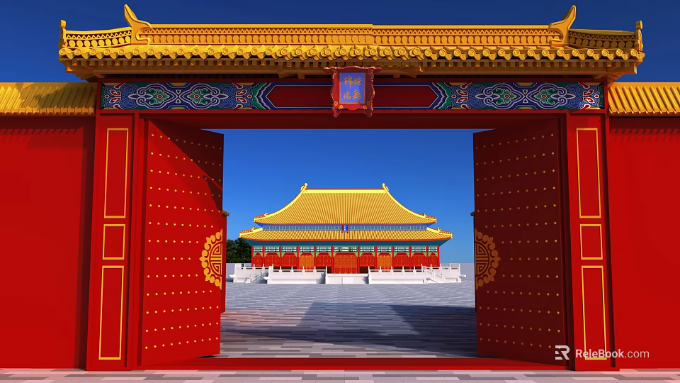 Traditional Chinese Activity Gate with Red Doors Golden Roof Ornate Decorations Against Blue Sky 3d model 