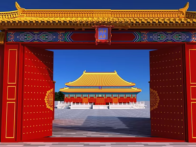 Traditional Chinese Activity Gate with Red Doors Golden Roof Ornate Decorations Against Blue Sky 3d model