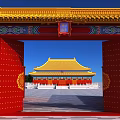 Traditional Chinese Activity Gate with Red Doors Golden Roof Ornate Decorations Against Blue Sky