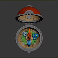 Blue Game Movie Character In Open Metal Container With Flaming Accents And Green Elements