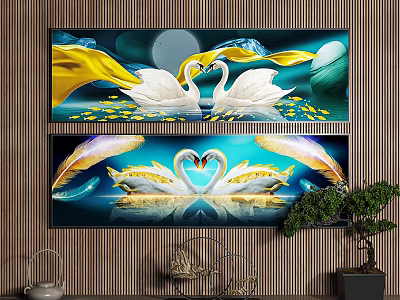 Swans Decorative Paintings With Yellow Blue Ribbons Moon And Water Reflection 3d model