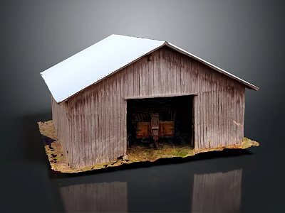 Rustic Wooden Barn Featuring White Roof Open Doorway And Crates Inside On Grass Dirt Base 3d model