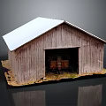Rustic Wooden Barn Featuring White Roof Open Doorway And Crates Inside On Grass Dirt Base