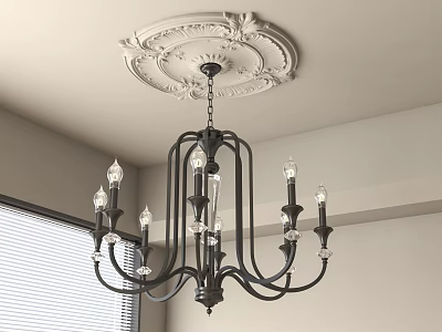 Elegant Black Metal Chandelier With Crystal Accents And Classic Ceiling Medallion In Modern Interior Space 3d model
