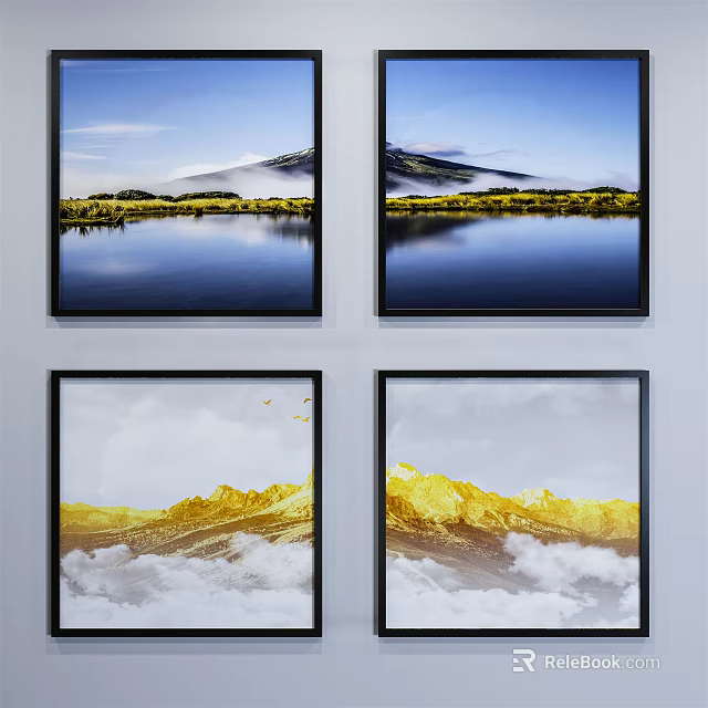 Landscape Paintings With Mountain Lake Reflections Blue Sky White Clouds And Golden Hills 3d model 