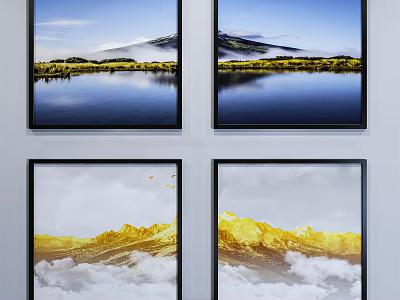 Landscape Paintings With Mountain Lake Reflections Blue Sky White Clouds And Golden Hills 3d model