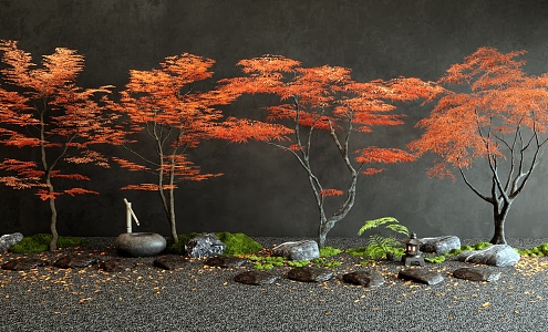 Japanese-style red maple landscape tree maple tingbu micro-terrain courtyard landscape sketch landscape stone moss plant water bowl waterscape 3d model