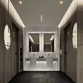Modern Public Toilet Interior Design With Marble Washbasin Double Mirrors And Recessed Lighting