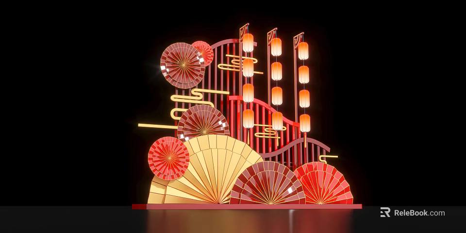 Traditional Chinese Decorative Artwork With Red Gold Fans And Hanging Lanterns 3d model 