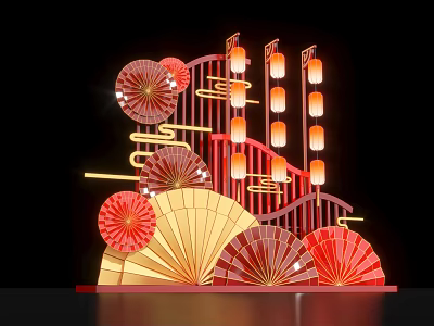 Traditional Chinese Decorative Artwork With Red Gold Fans And Hanging Lanterns 3d model