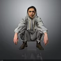 A Man Wearing Gray Hoodie And Gray Pants Squatting On Black Floor With Gray Background