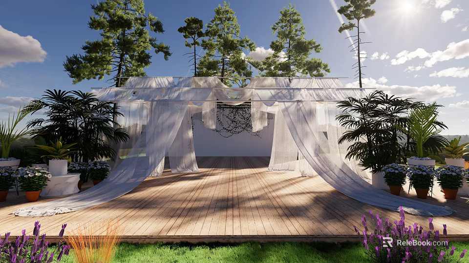 Serene Garden Landscape with Wooden Deck White Canopies Tall Trees and Purple Flowers 3d model 