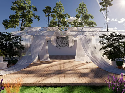 Serene Garden Landscape with Wooden Deck White Canopies Tall Trees and Purple Flowers 3d model