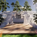Serene Garden Landscape with Wooden Deck White Canopies Tall Trees and Purple Flowers