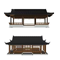 Chinese Style Landscape Pavilion With Black Roof Curved Eaves And Wooden Structure