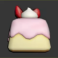 Square Cake With Pink Dripping Frosting Topped With Strawberry And White Cream