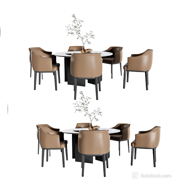 Modern Dining Table Set with Brown Leather Chairs Round Table and Decorative Plants 3d model