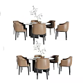 Modern Dining Table Set with Brown Leather Chairs Round Table and Decorative Plants 3d model