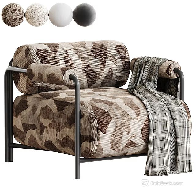 Camouflage Pattern Single Sofa With Black Metal Frame And Plaid Blanket 3d model 