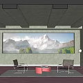 Modern Black Chairs With Red Round Table In Room With Large Window Mountain View