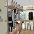 Walk in Closet Interior Design With Wooden Shelves Drawers Hanging Rods Clothes And Bags
