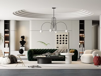 Modern Living Room Interior With Green Velvet Sofa Round Chandelier And Geometric Wall Art 3d model
