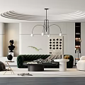 Modern Living Room Interior With Green Velvet Sofa Round Chandelier And Geometric Wall Art