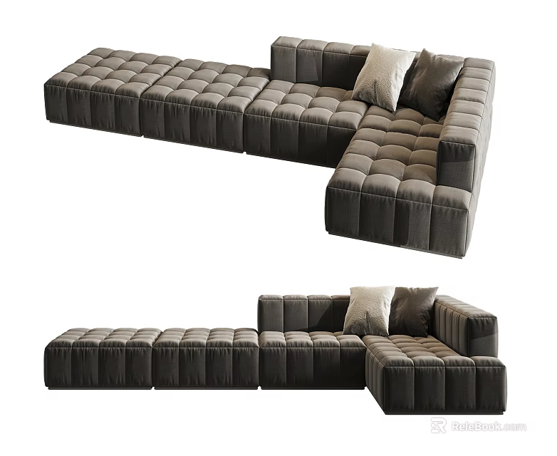 Dark Gray Velvet Sectional Sofa With Square Tufted Design And Accent Pillows 3d model 