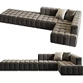 Dark Gray Velvet Sectional Sofa With Square Tufted Design And Accent Pillows