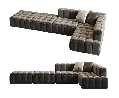 Dark Gray Velvet Sectional Sofa With Square Tufted Design And Accent Pillows 3d model