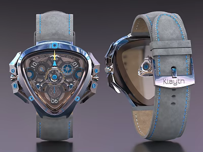 Klaytn Watch With Unique Mechanical Dial Blue Accents And Gray Leather Strap 3d model