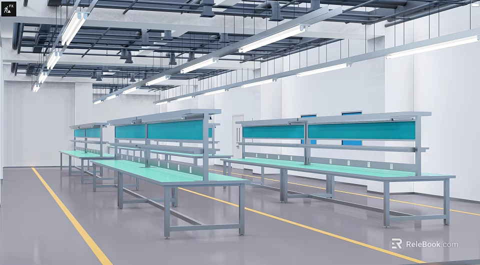 Industrial Equipment Workbenches with Metal Frames Green Countertops and Blue Panels in Factory Workshop 3d model 