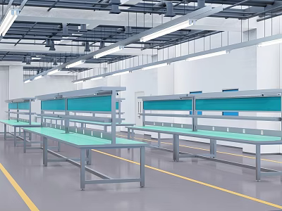 Industrial Equipment Workbenches with Metal Frames Green Countertops and Blue Panels in Factory Workshop 3d model