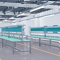 Industrial Equipment Workbenches with Metal Frames Green Countertops and Blue Panels in Factory Workshop
