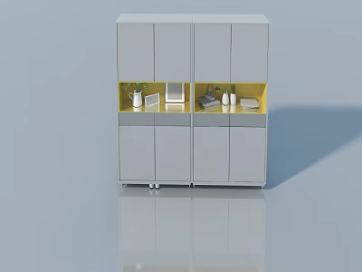 Modern White Hinged Door Cabinet With Yellow Open Shelf And Decorative Items 3d model
