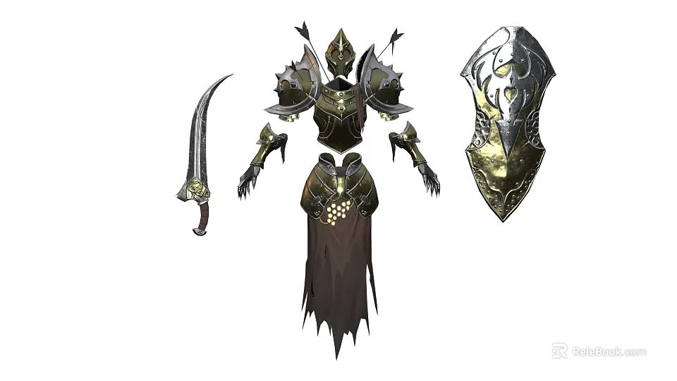 Ornate Fantasy Warrior Armor Set With Decorative Scimitar And Ornate Shield 3d model 