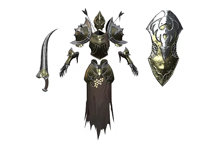 Ornate Fantasy Warrior Armor Set With Decorative Scimitar And Ornate Shield 3d model